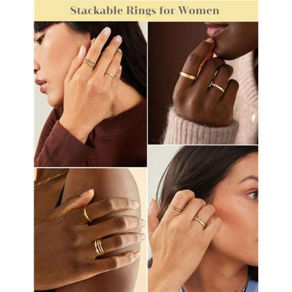 Stackable Gold Rings for Women Dainty 14K Gold Silver Plated Cubic Zirconia Band - Picture 4 of 7